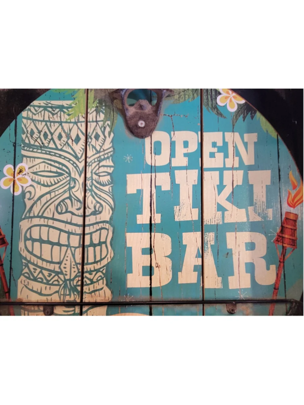 NIB Open Tiki Bar Wall Mounted Bottle Opener with Wire Cap Catcher Wood Plaque